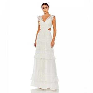 Women's Sequined Ruffled Cap Sleeve Cut Out Tiered Gown SZ 16